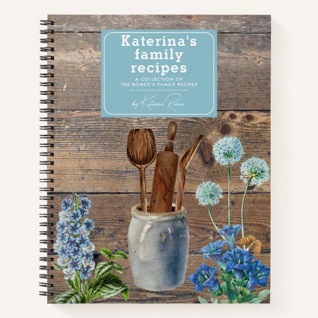 Blue Wildblumen Wood Kitchen Utensils Rezept Notizbuch (Vorderseite)