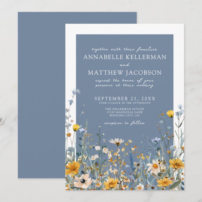Blue Wildflower Floral Wedding Einladung (Vorne/Hinten)