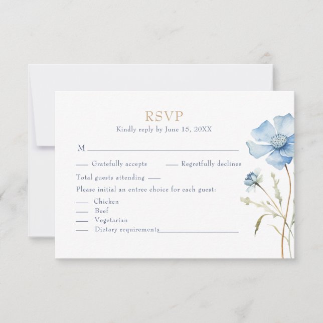 Blue Wildflower Garden Wedding RSVP Card (Devant)
