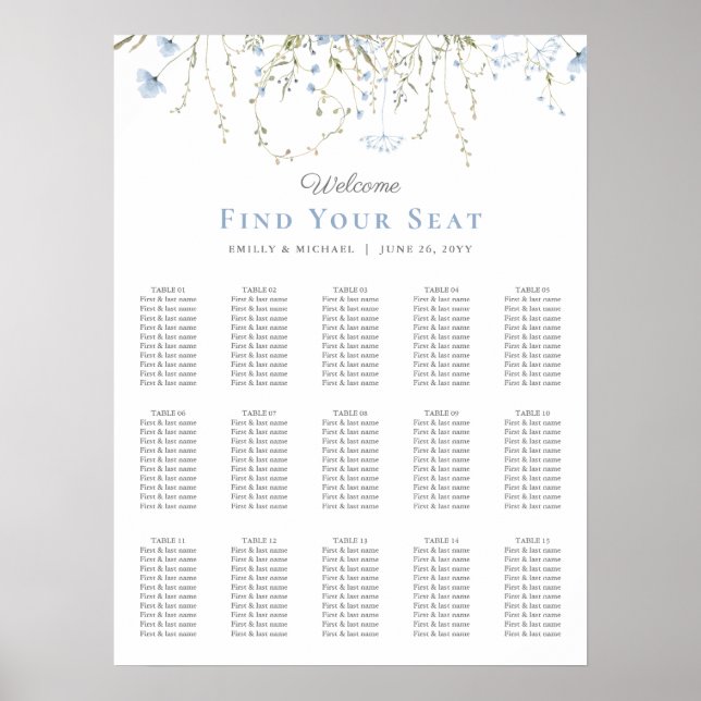 Blue Wildflower Periwinkle Wedding Seating Chart Poster (Vorne)
