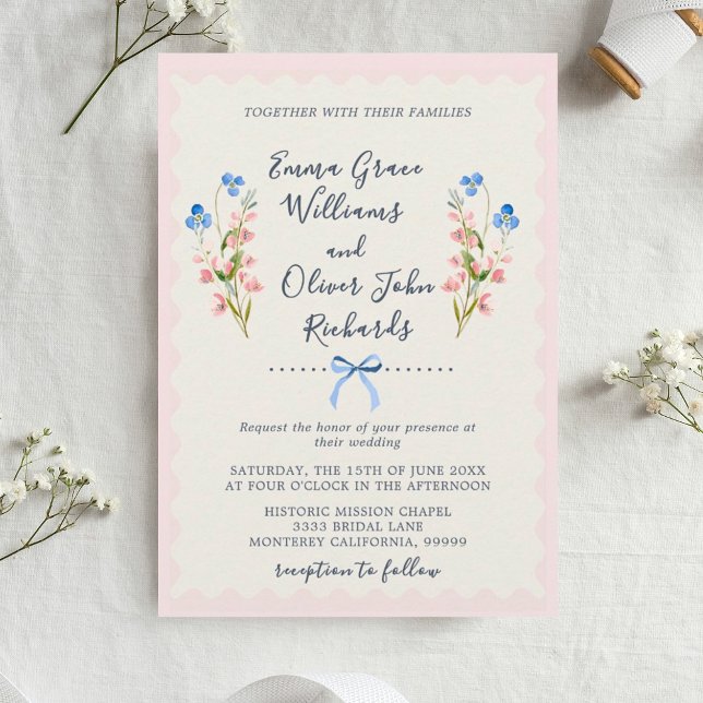 Blue Wildflowers Pink Romantic Garden Wedding Einladung (Floral Romantic Garden Wedding Invitation.)