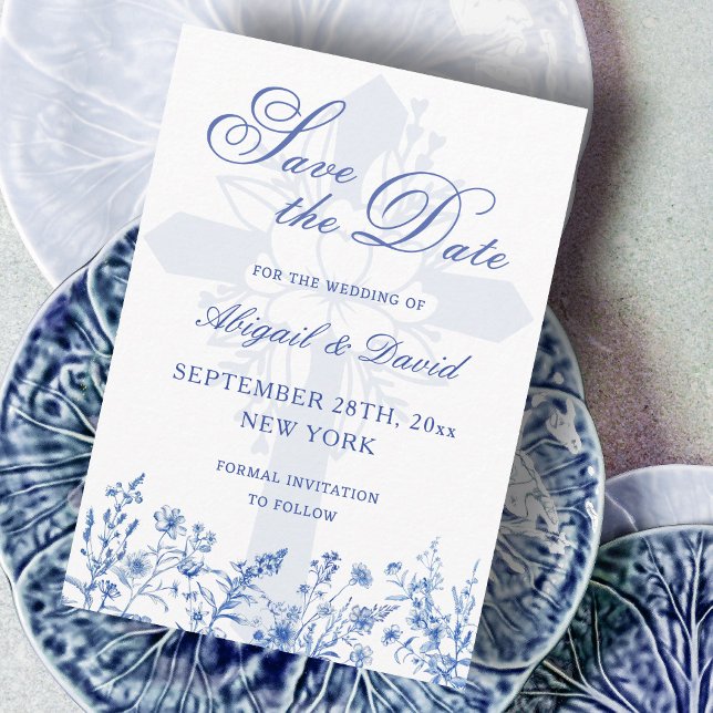 Blue Wildflowers Religious Wedding Save The Date (Créateur téléchargé)