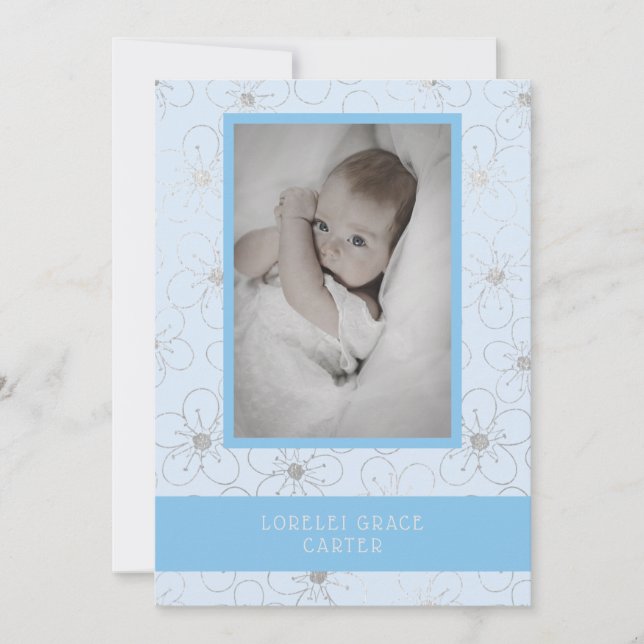 Blue Wildflowers Silver Photo Naming Ceremony Mitteilungskarte (Vorderseite)