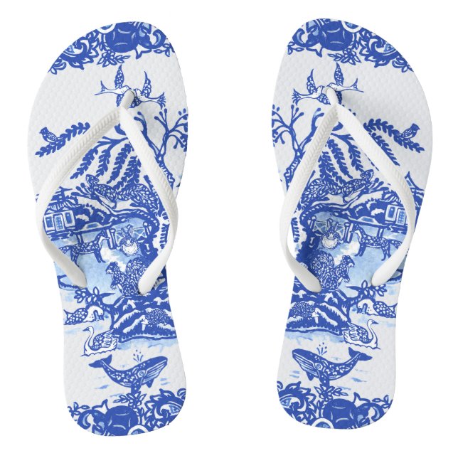 Blue Willow Animal Oriental Garden Whimsical Fox Flip Flops (Fußbett)