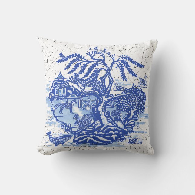 Blue Willow Animal Pagoda Garden Szene Chinoiserie Kissen (Vorderseite)