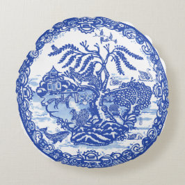 Blue Willow Animal Pagoda Garden Szene Chinoiserie Rundes Kissen