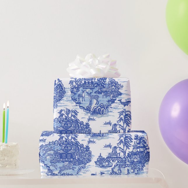 Blue Willow Animal Rabbit Dex Bird Toile Art  Geschenkpapier (Partygeschenke)