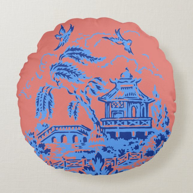 Blue Willow Blue & Salmon Pink Kissen (Vorderseite)
