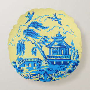 Blue Willow China auf Butter Gelbes Kissen