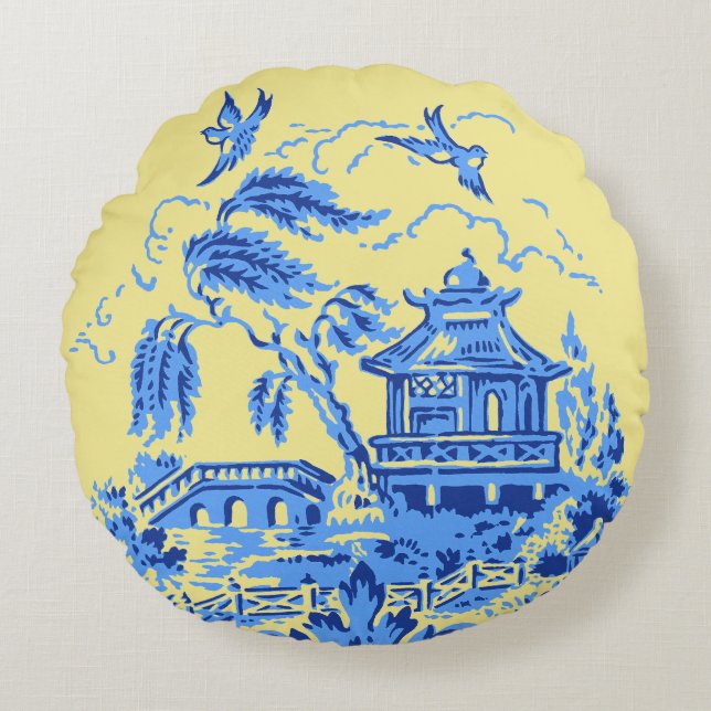 Blue Willow China auf Butter Gelbes Kissen (Vorderseite)