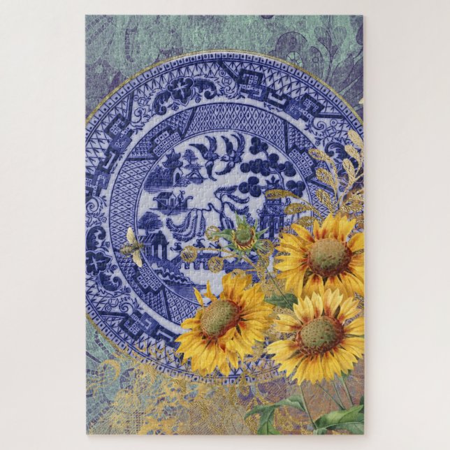 Blue Willow China Plate & Sonnenblumen Design (Vertikal)