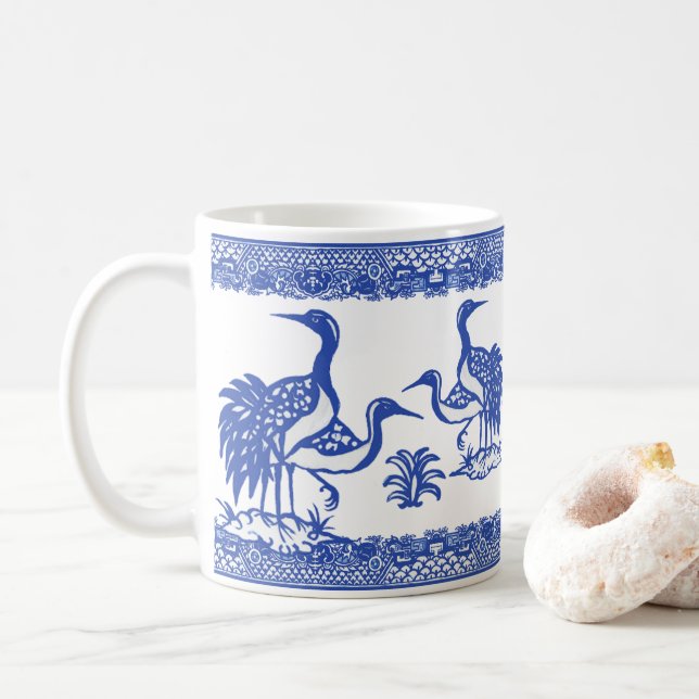 Blue Willow Cranes Bird Traditionelle Chinoiserie Kaffeetasse (Mit Donut)
