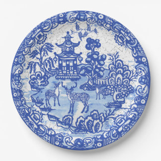 Blue Willow Deer Asian Tempel Garden Crackle Look Pappteller