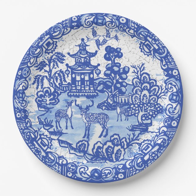 Blue Willow Deer Asian Tempel Garden Crackle Look Pappteller (Vorderseite)