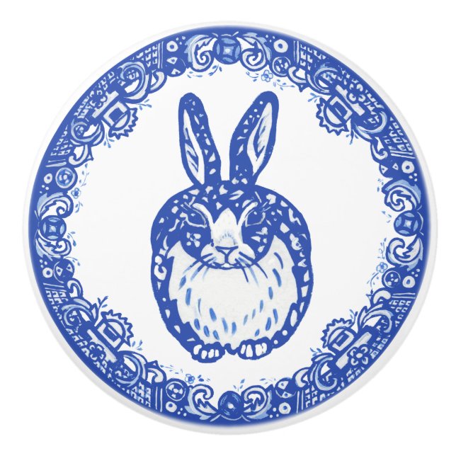 Blue Willow Design Bunny Rabbit Niedlich Whimsical Keramikknauf (Vorderseite)