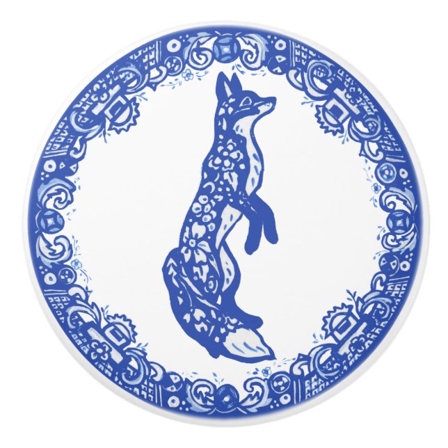 Blue Willow Design Fox Stehend gegenüber rechts Keramikknauf (Vorderseite)