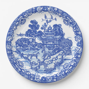 Blue Willow Fox Island Asian Tempel Garten Pappteller