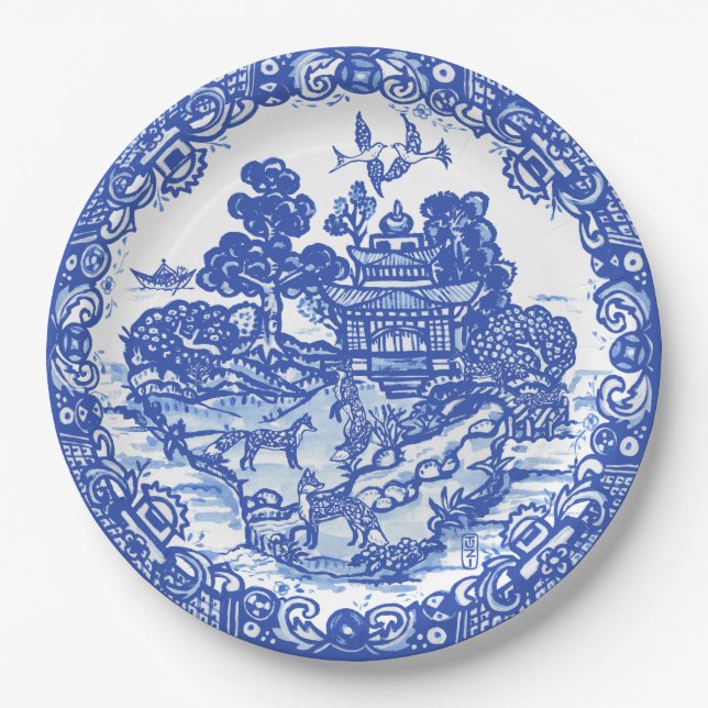 Blue Willow Fox Island Asian Tempel Garten Pappteller (Vorderseite)