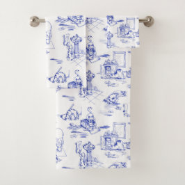 Blue Willow Kitty Cat Bad Toile Badhandtuch Set
