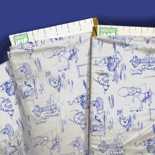 Blue Willow Kitty Cat Bad Toile Stoff (close-up with ruler)