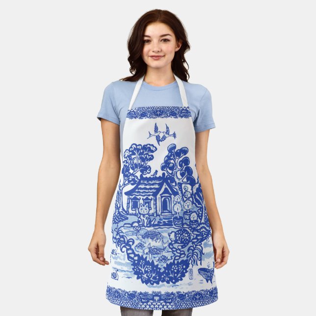 Blue Willow Lucky Cat Island Whimsical Oriental Schürze (Getragen)