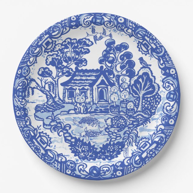 Blue Willow Lucky Cat Koi Bird Asian Tempel Garden Pappteller (Vorderseite)