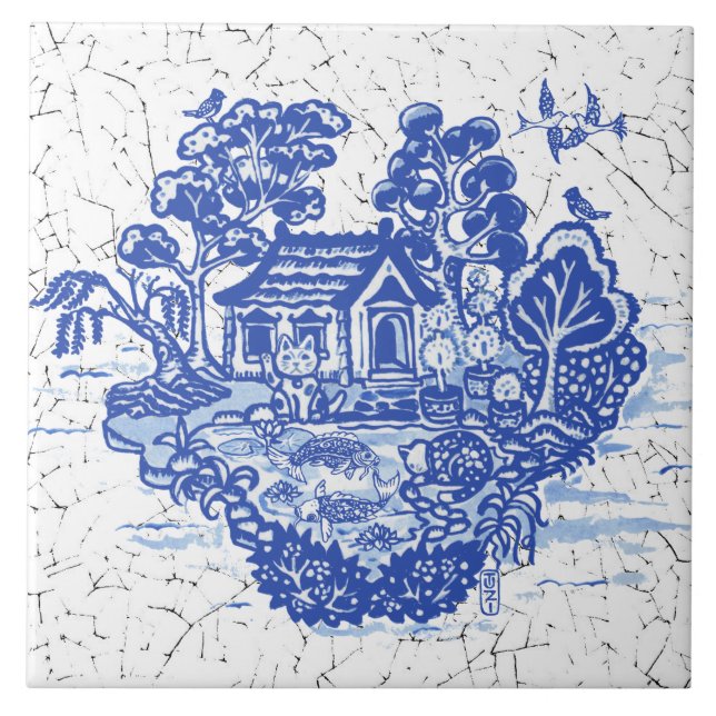 Blue Willow Lucky Cat Koi Teich Antike Fantasie Fliese (Vorderseite)