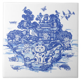 Blue Willow Lucky Cat Whimsica Chinoiserie Kunst, Fliese