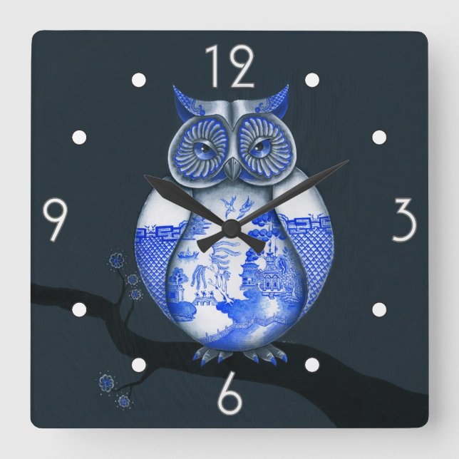 Blue Willow Owl Wall Clock Quadratische Wanduhr (Vorderseite)