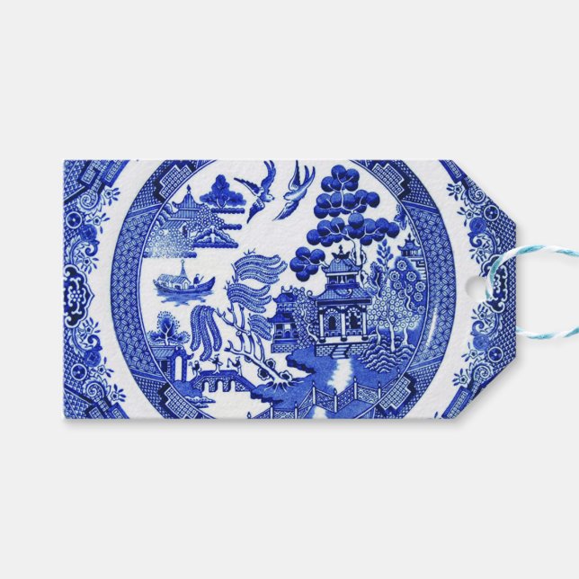 Blue Willow Pattern Geschenk-Tag Geschenkanhänger (Vorderseite (Horizontal))