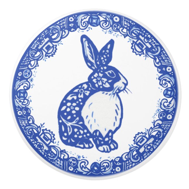 Blue Willow Pattern Rabbit Niedliche Gesichter rec Keramikknauf (Vorderseite)