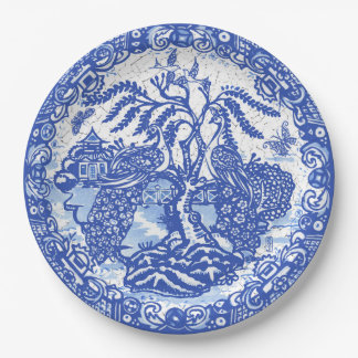 Blue Willow Peacock Island Asian Temple Crackle Pappteller