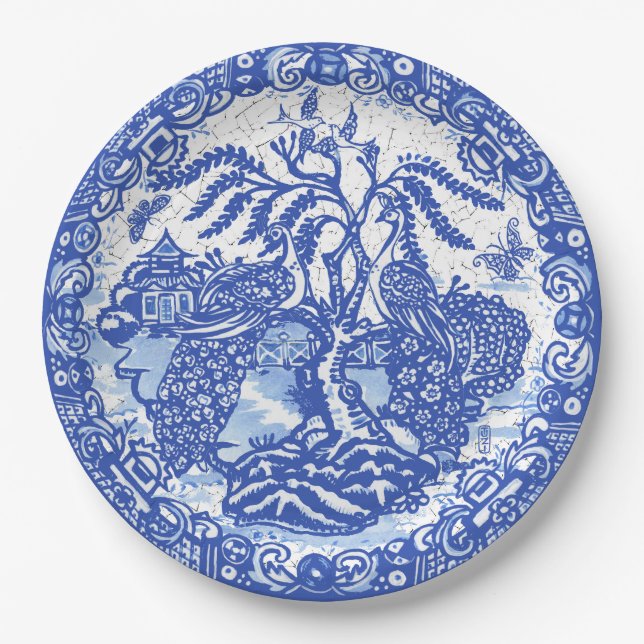 Blue Willow Peacock Island Asian Temple Crackle Pappteller (Vorderseite)