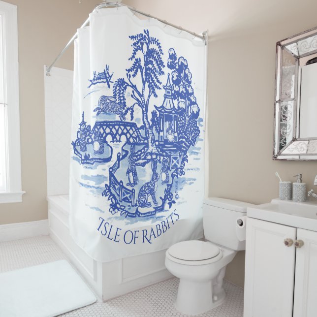 Blue Willow Rabbit Island Whimsical Chinoiserie Duschvorhang (Beispiel)