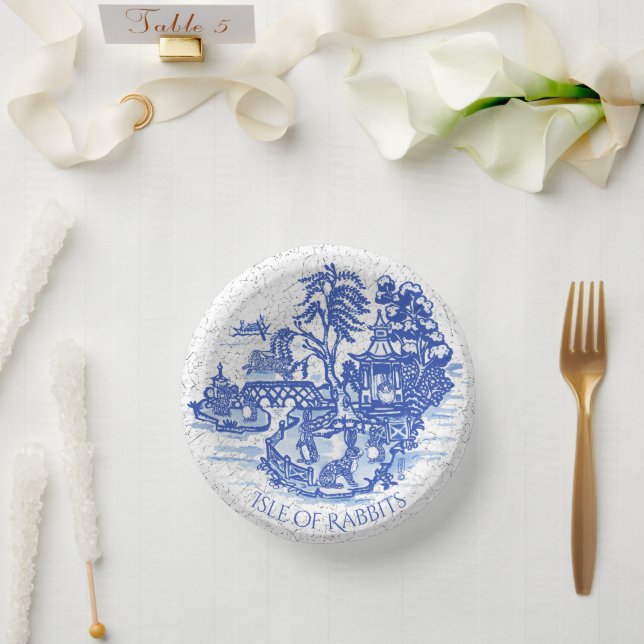 Blue Willow Rabbit Island Whimsical Crackle Look Pappteller (Hochzeit)