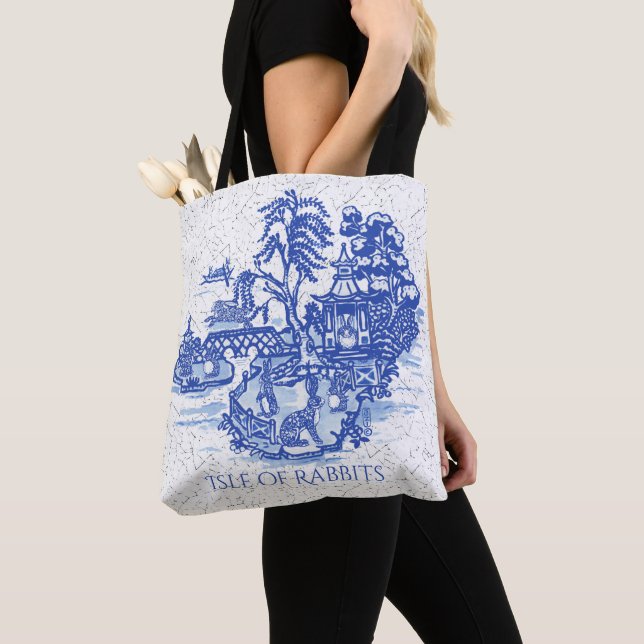 Blue Willow Rabbit Island Whimsical Eleganter Spaß Tasche (Von Nahem)