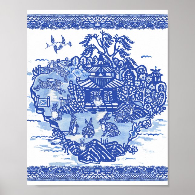 Blue Willow Rabbit Island Whimsical Oriental Art Poster (Vorne)
