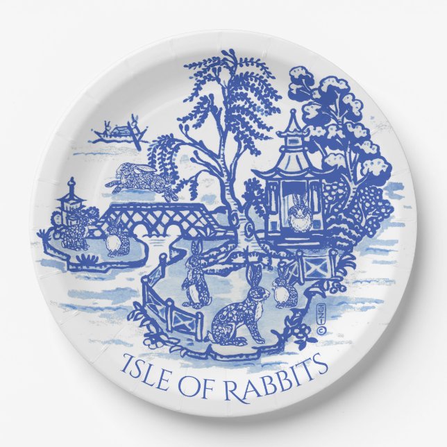 Blue Willow Rabbit Island Whimsical Potterie Look Pappteller (Vorderseite)