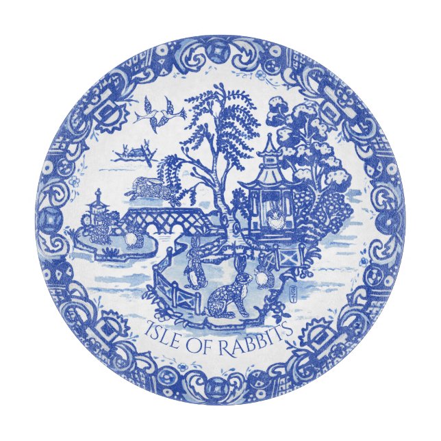 Blue Willow Rabbit Island White Whimsical Toile Schneidebrett (Vorderseite)