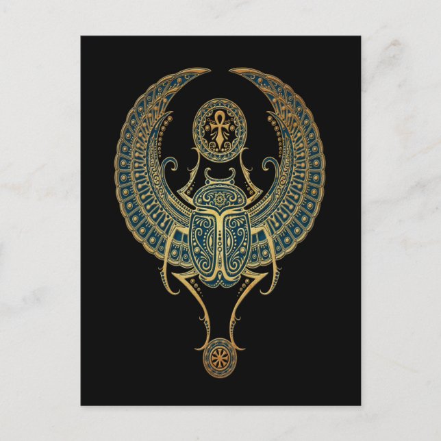 Blue Winged Egyptian Scarab Käfer mit Ankh Black Postkarte (Vorderseite)