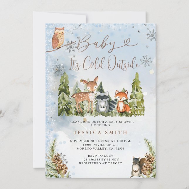 Blue Winter Animals Woodland Boy Baby Dusche Einladung (Vorderseite)