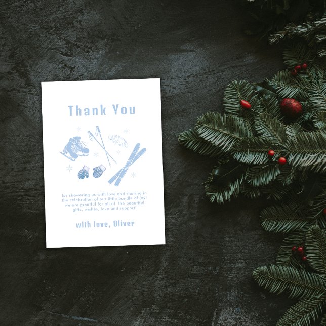 Blue Winter Après Bébé Ski Boy Baby Shower  Dankeskarte (Blue Winter Après Bébé Ski Boy Baby Shower Thank You Card)