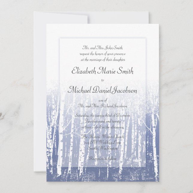 Blue Winter Aspen Birch Trees Wedding Einladung (Vorderseite)
