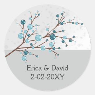 Blue Winter Berries, Winter Wedding Stationery Runder Aufkleber