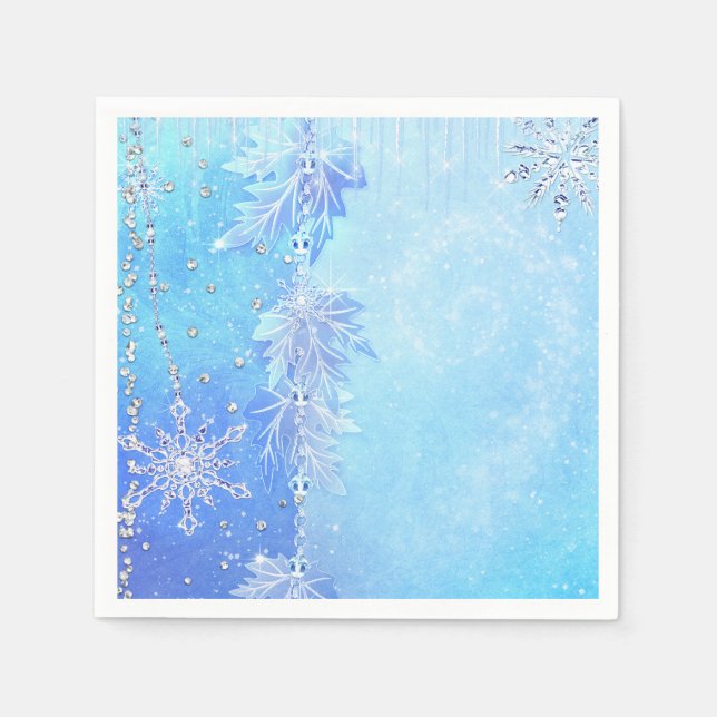 Blue Winter Blätter & Snowflakes Elegantes Party Serviette (Vorderseite)