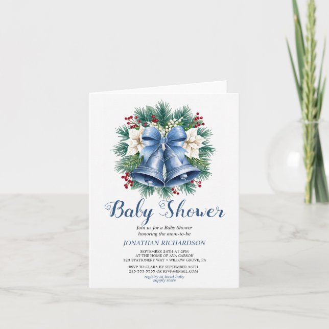 Blue Winter Christmas Bells Babydusche Einladung (Vorderseite)