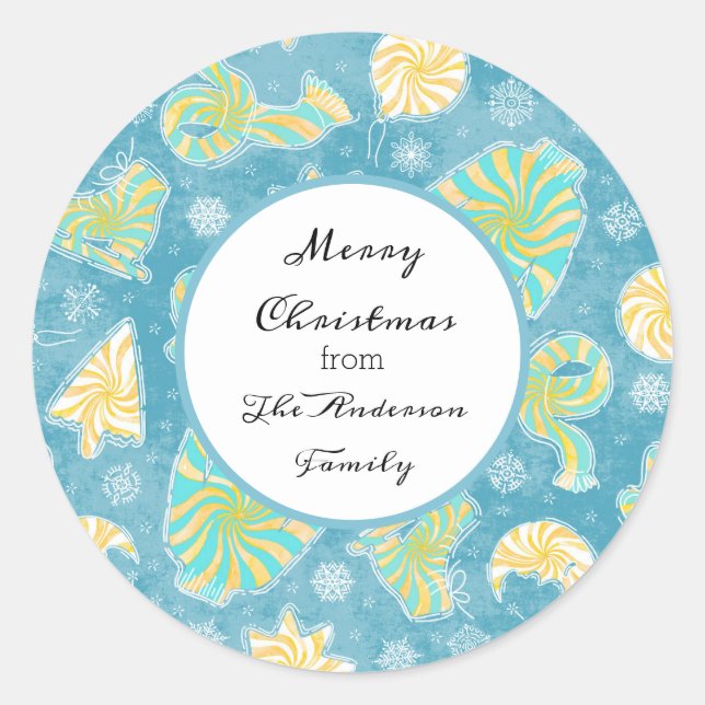 Blue Winter Christmas Monogram Runder Aufkleber (Vorderseite)