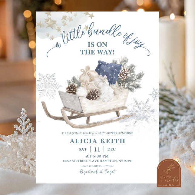 Blue Winter Christmas Sleigh Baby Shower Einladung (Von Creator hochgeladen)