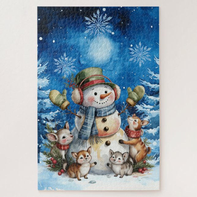Blue Winter Christmas Snowman & Woodland Animals (Vertikal)