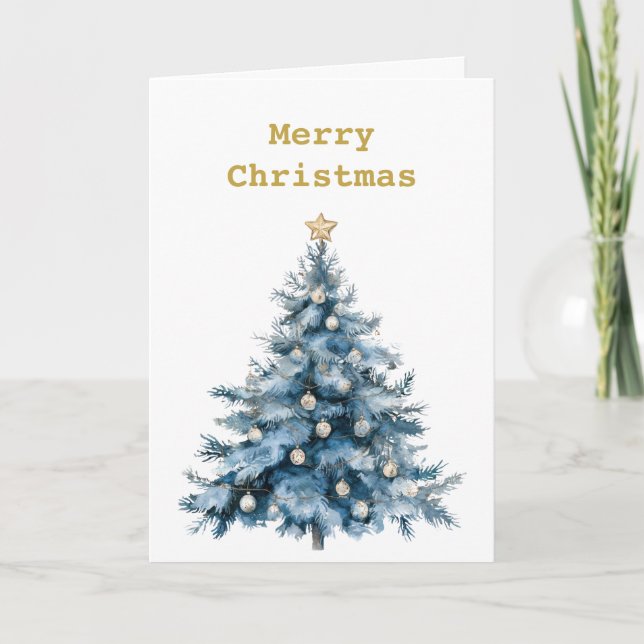 Blue Winter Christmas Tree Gold Star Karte (Vorderseite)